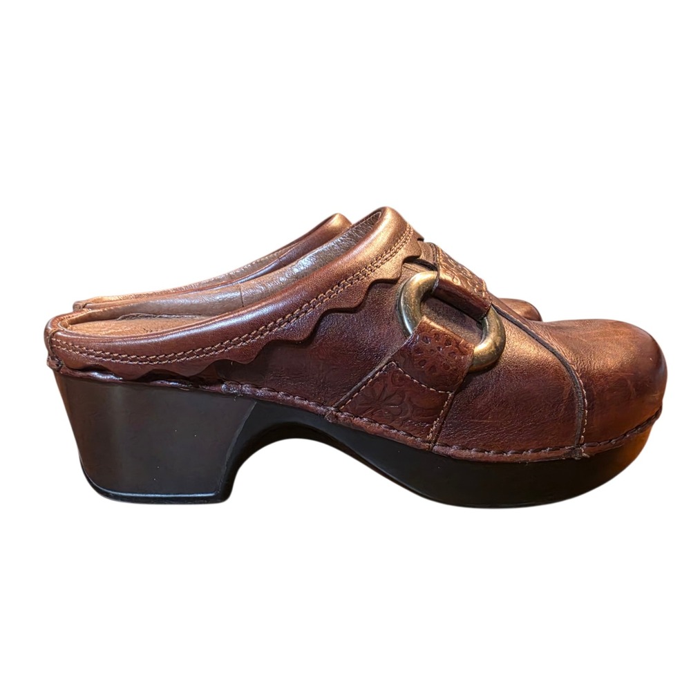 Dansko Womens 36 Clog Mules Brown Floral Embossed Leather Buckle Platform Heel